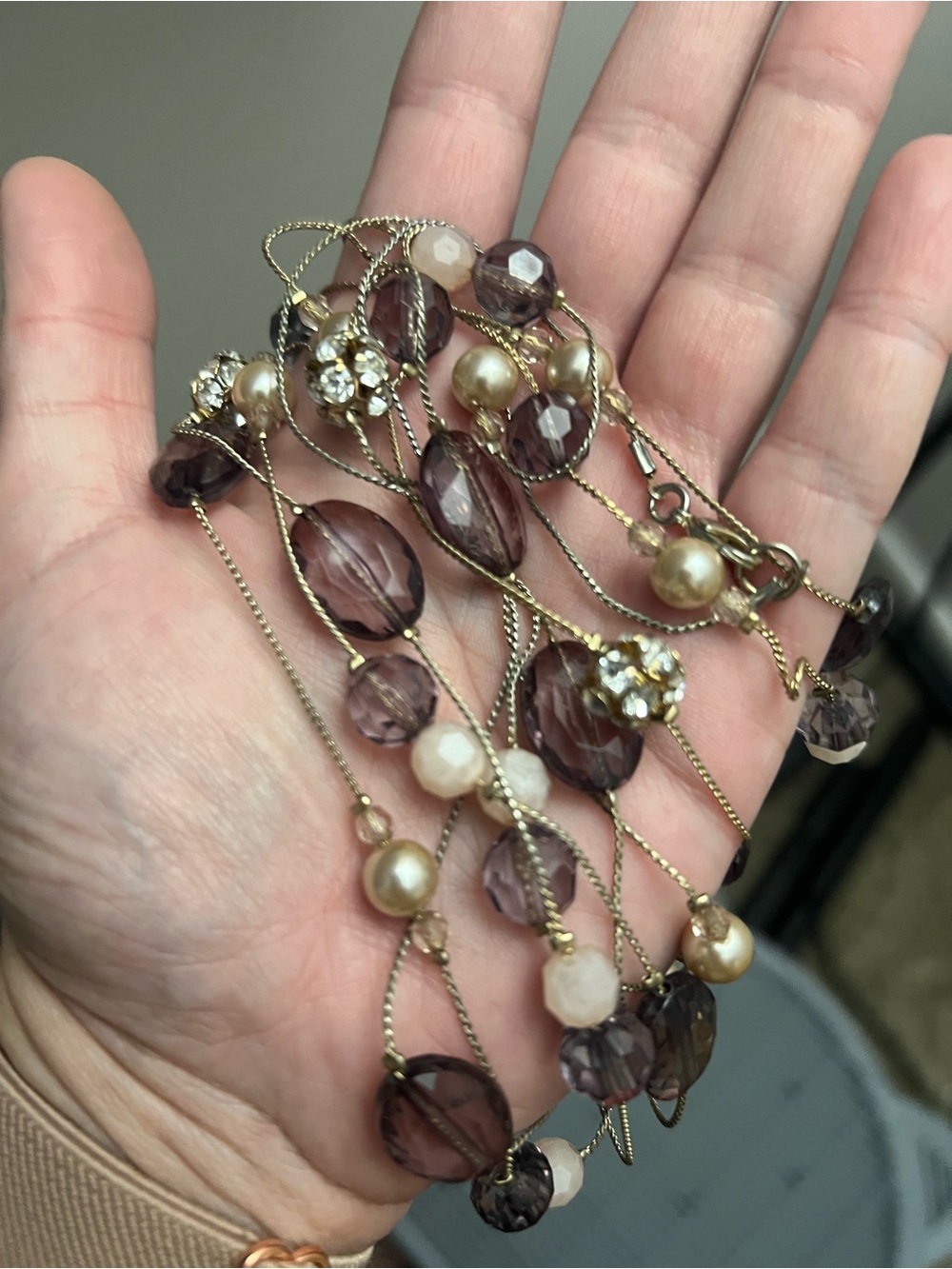 Long Purple Beaded Layering Necklace Faux Pearl Rhinestone Multi Strand